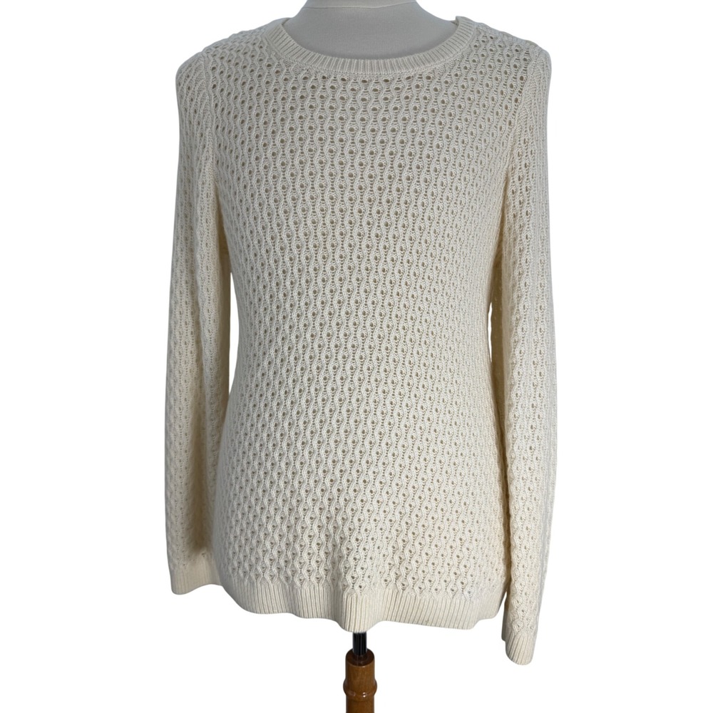 TALBOTS Cream Textured Knit Crew Neck Sweater Womens XL Button Shoulder Detail